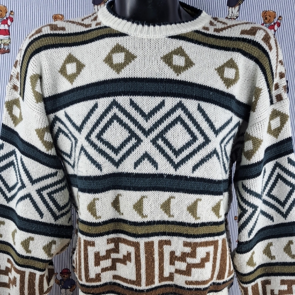 Vintage Gitano geo chunky stripe white & blue casual Med tight knit sweater